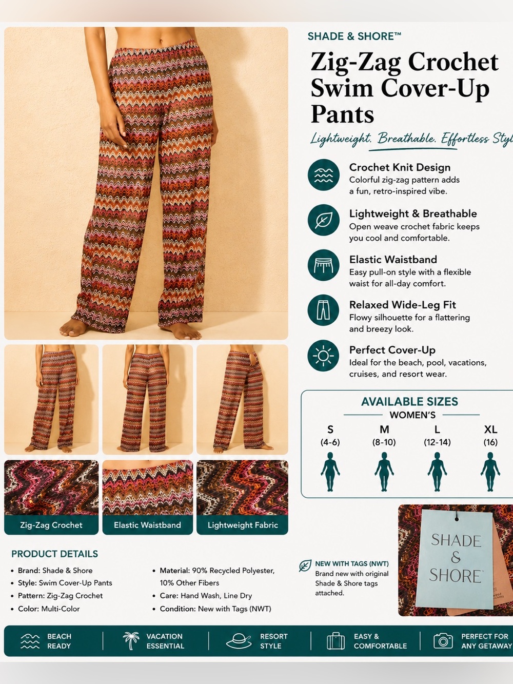 Shade & Shore Multi-Color Zig-Zag Crochet Wide-Leg Pants Size L